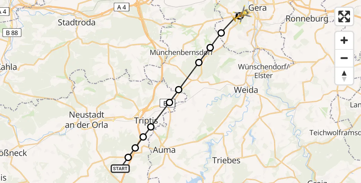 Flugroute Rettungshubschrauber Moßbach - SRH Wald-Klinikum Gera Hospital, 15 August 2026, 15:09