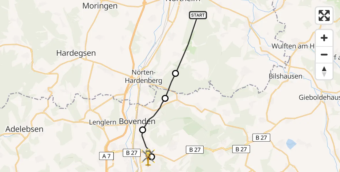 Flugroute Rettungshubschrauber Northeim - Göttingen University Clinic Hubschrauberlandeplatz, 15 August 2026, 15:16