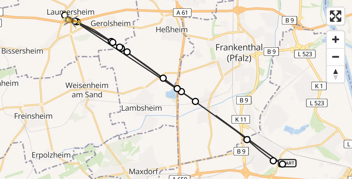 Flugroute Rettungshubschrauber Ludwigshafen Accident Hospital - Laumersheim, 15 August 2026, 15:18