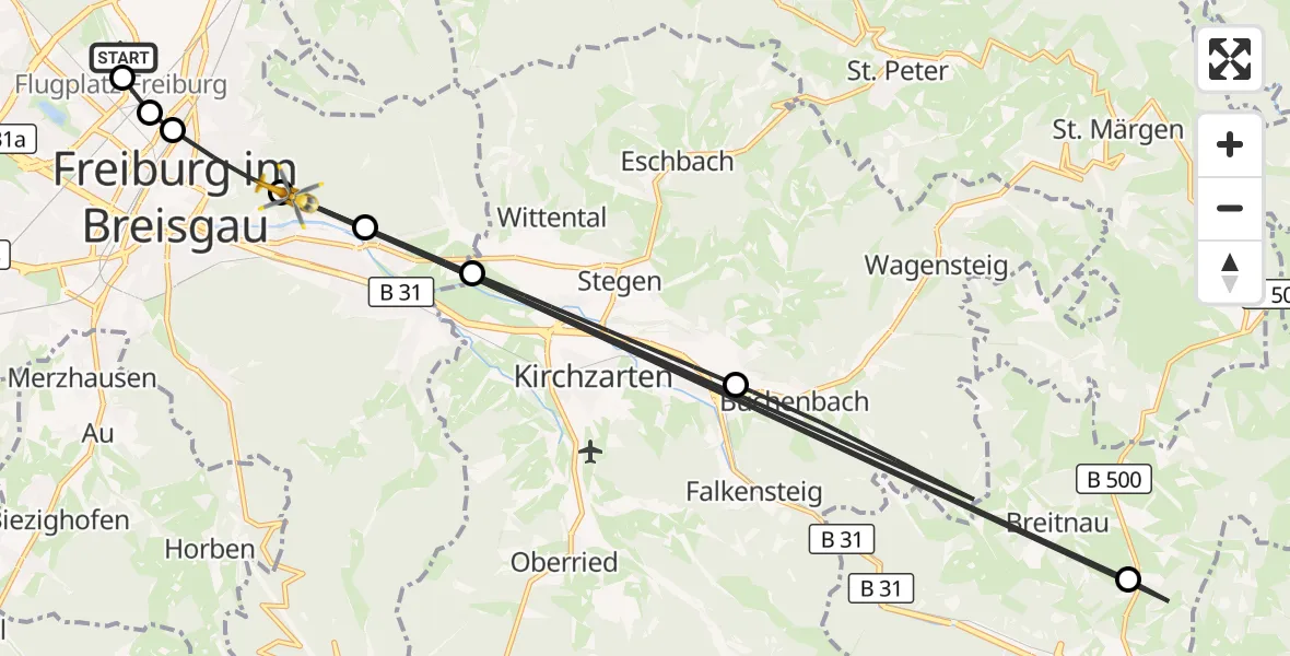 Flugroute Ambulanzhubschrauber Freiburg im Breisgau Flugplatz - Freiburg im Breisgau, 15 August 2026, 15:21