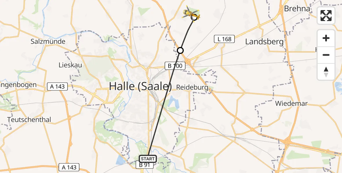 Flugroute Rettungshubschrauber Halle (Saale) - Halle-Oppin Flugplatz, 15 August 2026, 15:24