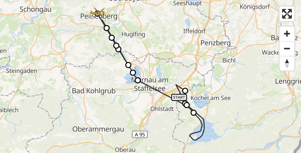 Flugroute Rettungshubschrauber Schlehdorf - Peißenberg, 15 August 2026, 15:25