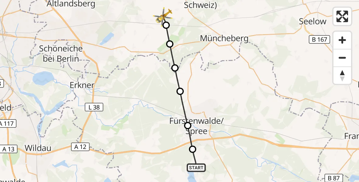 Flugroute Rettungshubschrauber Bad Saarow - Garzau-Garzin, 15 August 2026, 15:29