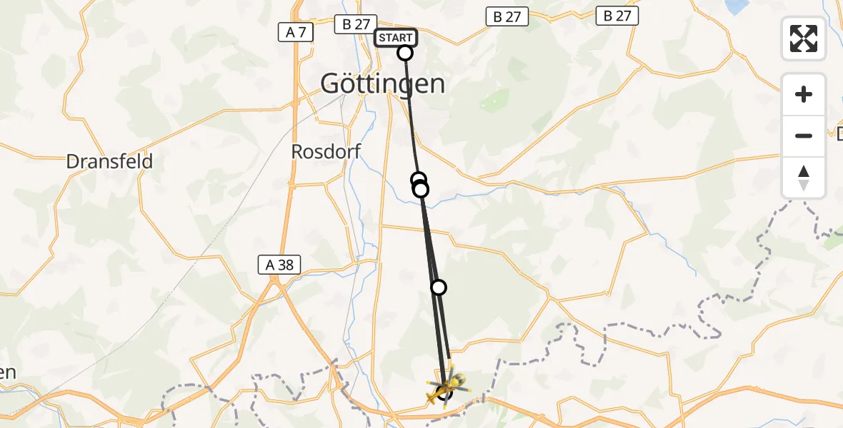 Flugroute Rettungshubschrauber Göttingen University Clinic Hubschrauberlandeplatz - Friedland, 15 August 2026, 15:30