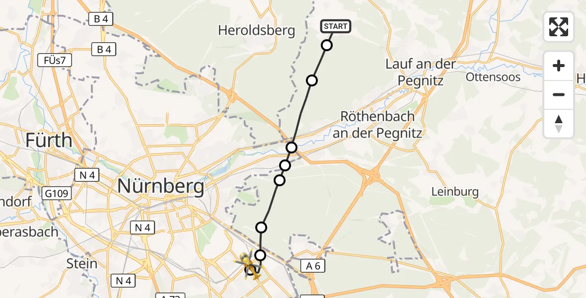 Flugroute Rettungshubschrauber Lauf a.d.Pegnitz - Nürnberg South Hospital, 15 August 2026, 15:33