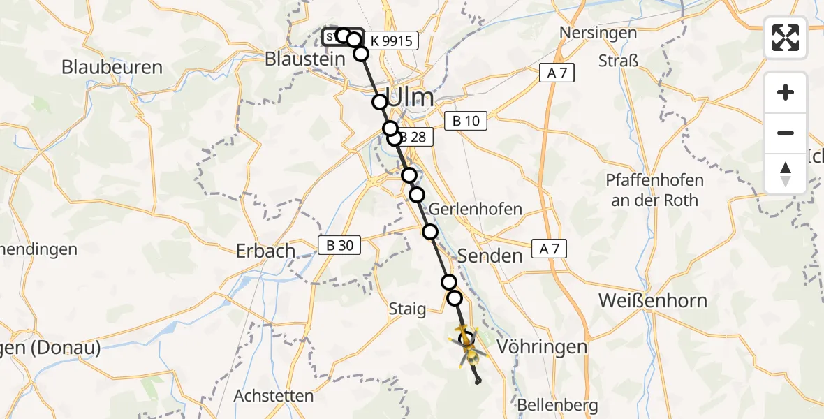 Flugroute Rettungshubschrauber Ulm Military Hospital Emergency - Illerrieden, 15 August 2026, 15:35