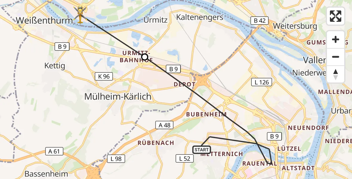 Flugroute Rettungshubschrauber Koblenz - Neuwied, 15 August 2026, 15:37