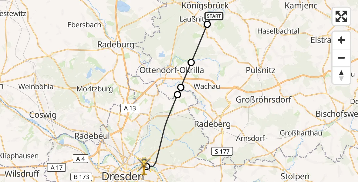 Flugroute Rettungshubschrauber Königsbrück - Dresden Elbwiesen Hubschrauberlandeplatz, 15 August 2026, 15:38