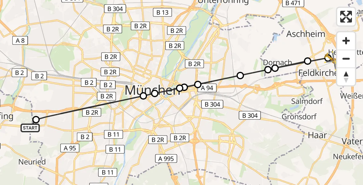 Flugroute Rettungshubschrauber DRF Air Rescue München Hubschrauberlandeplatz - Kirchheim b.München, 15 August 2026, 15:46