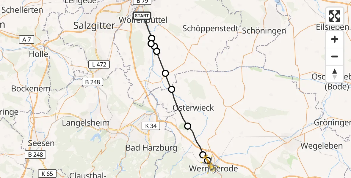 Flugroute Rettungshubschrauber Wolfenbüttel - Wernigerode, 15 August 2026, 15:50