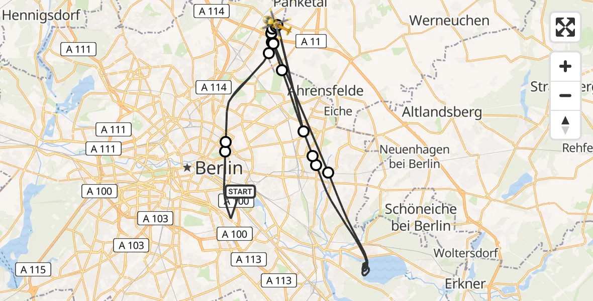 Flugroute Rettungshubschrauber Berlin - Helios Clinic Berlin-Buch, 15 August 2026, 15:52