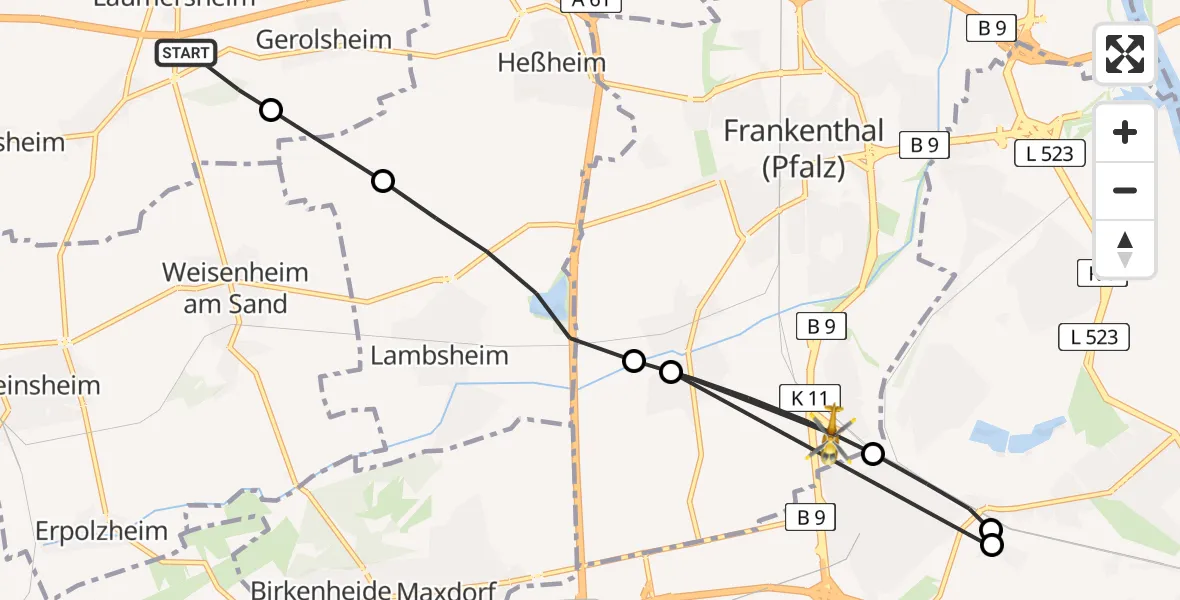 Flugroute Rettungshubschrauber Laumersheim - Frankenthal (Pfalz), 15 August 2026, 15:55
