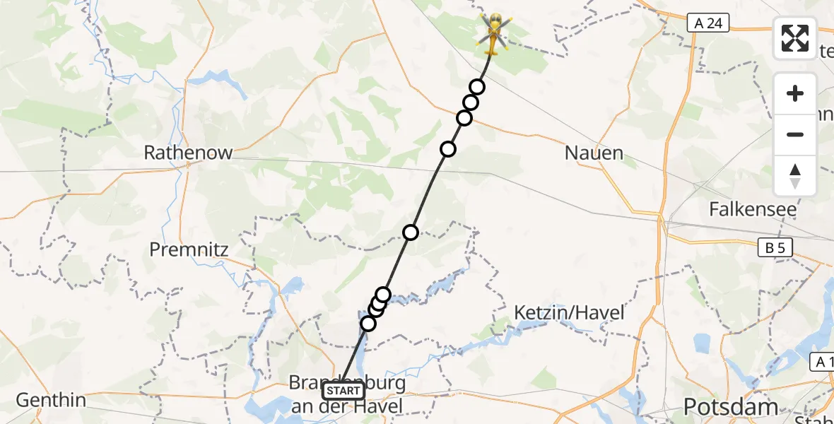 Flugroute Rettungshubschrauber Brandenburg an der Havel - Paulinenaue, 15 August 2026, 15:56