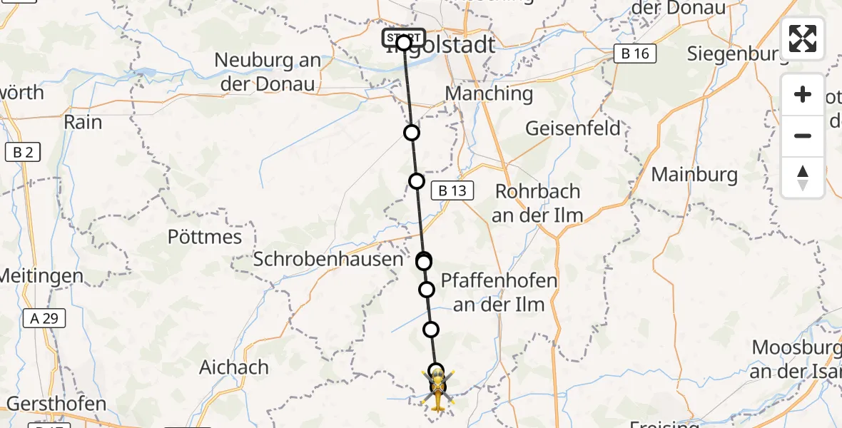 Flugroute Rettungshubschrauber Ingolstadt Hospital - Jetzendorf, 15 August 2026, 15:57