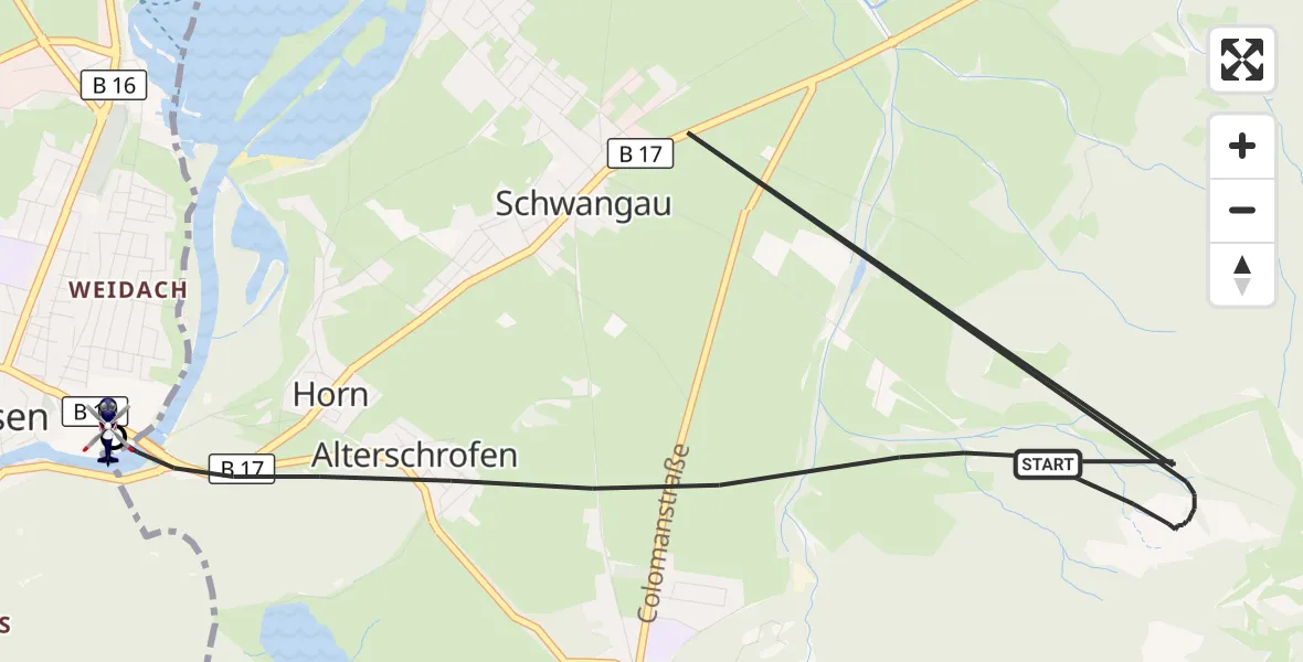 Flugroute Polizeihubschrauber Schwangau - Füssen, 15 August 2026, 16:02