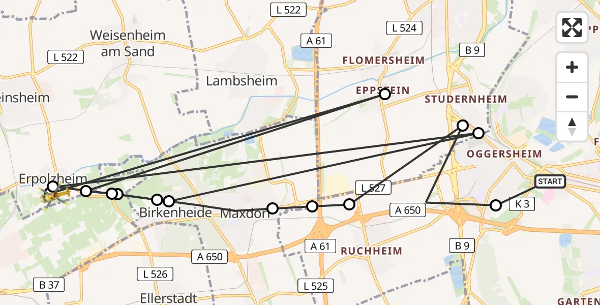 Flugroute Rettungshubschrauber Ludwigshafen Accident Hospital - Erpolzheim, 15 August 2026, 16:03