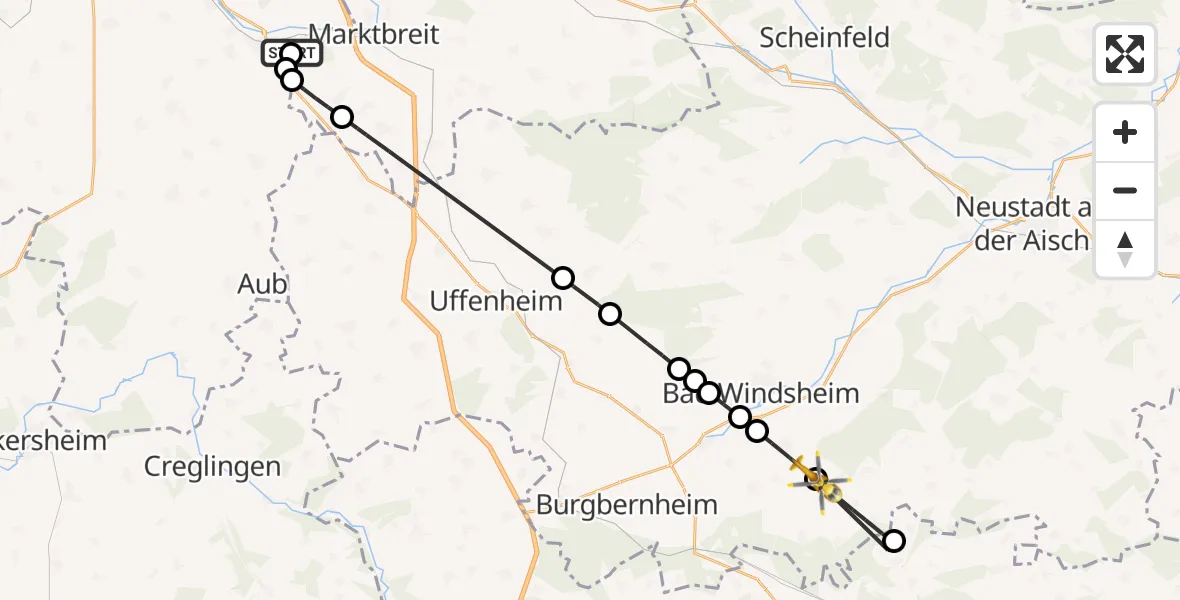 Flugroute Rettungshubschrauber Ochsenfurt Hospital - Obernzenn, 15 August 2026, 16:06