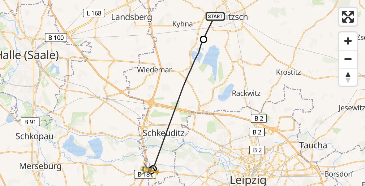 Flugroute Rettungshubschrauber Delitzsch - ADAC Air Rescue Station Leipzig/Schkeuditz-Dölzig Hubschrauberlandeplatz (Christoph 61), 15 August 2026, 16:06