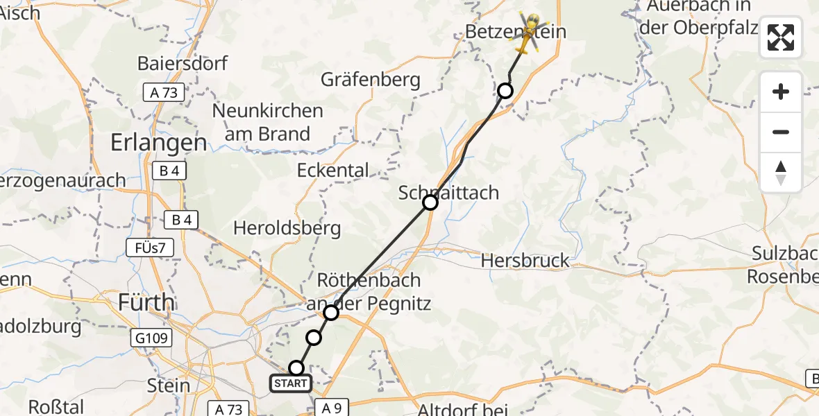 Flugroute Rettungshubschrauber Nürnberg - Betzenstein, 15 August 2026, 16:06