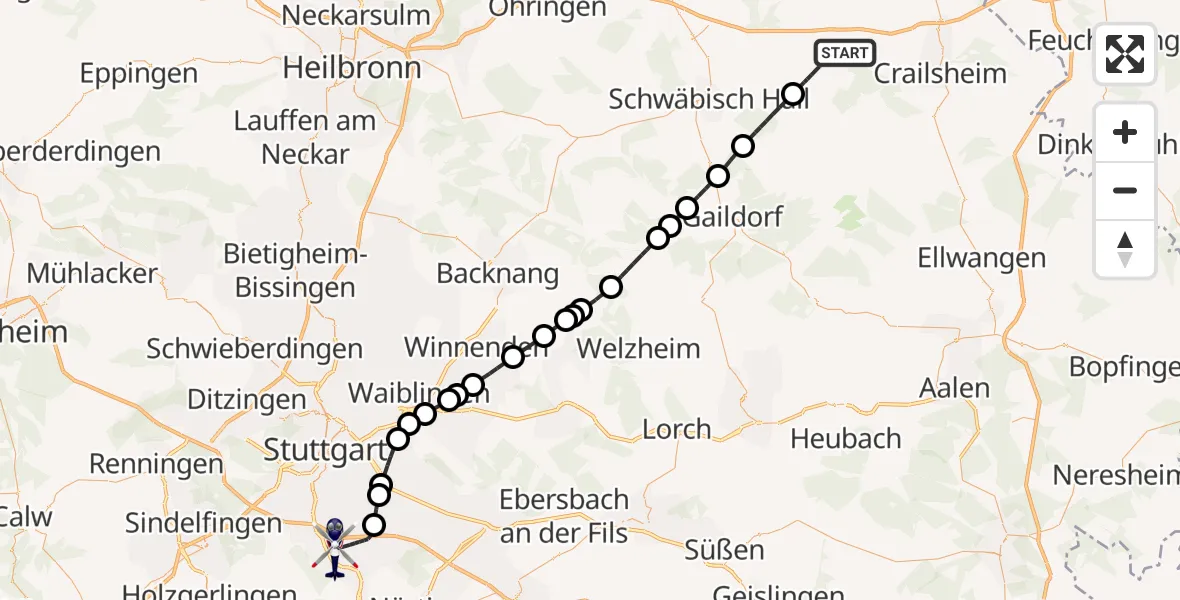 Flugroute Polizeihubschrauber Ilshofen - Flughafen Stuttgart, 15 August 2026, 16:07
