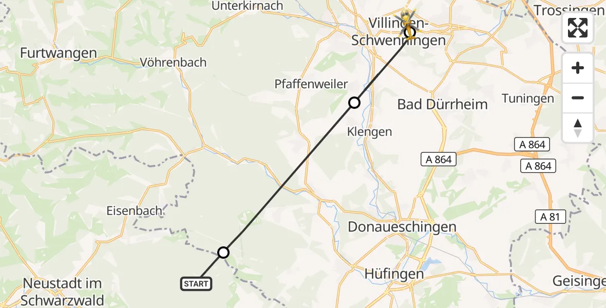 Flugroute Ambulanzhubschrauber Löffingen - DRF Air Rescue Station Villingen-Schwenningen Hubschrauberlandeplatz (Christoph 11), 15 August 2026, 16:07