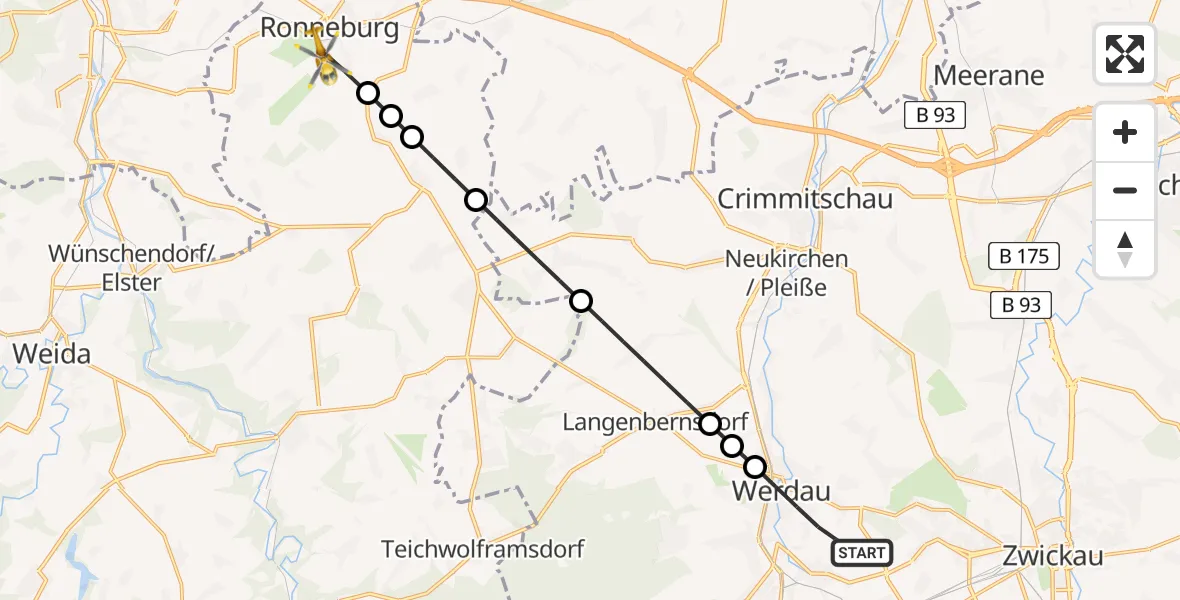 Flugroute Rettungshubschrauber Werdau - Ronneburg, 15 August 2026, 16:19