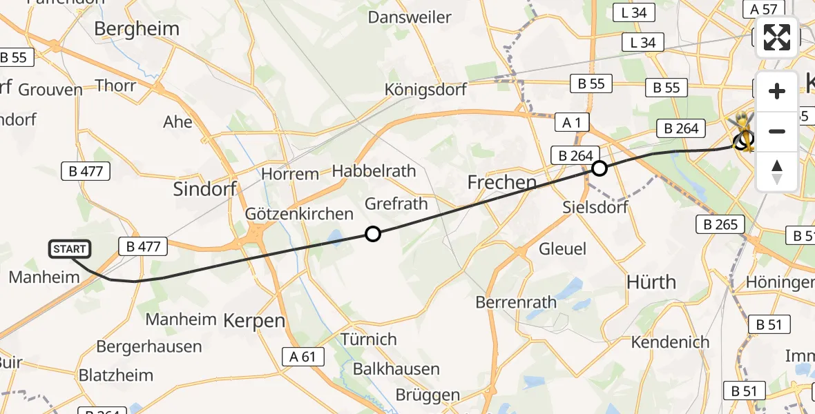 Flugroute Ambulanzhubschrauber Kerpen - Köln University Hospital, 15 August 2026, 16:20