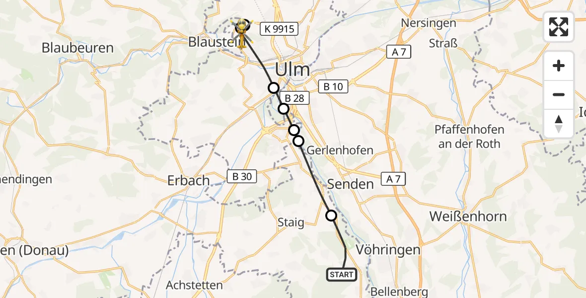 Flugroute Rettungshubschrauber Illerrieden - Ulm, 15 August 2026, 16:20