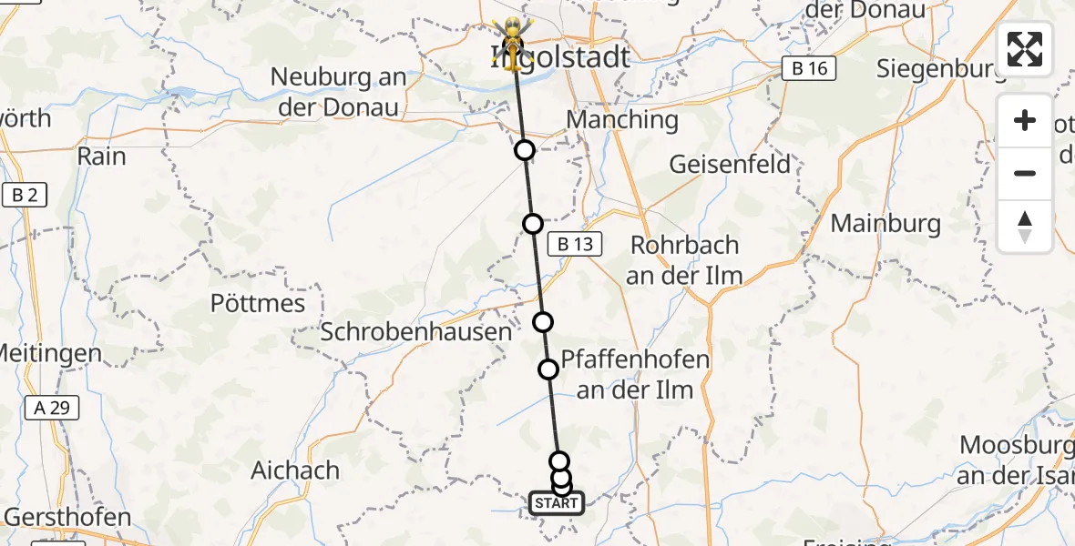 Flugroute Rettungshubschrauber Jetzendorf - Ingolstadt Hospital, 15 August 2026, 16:22