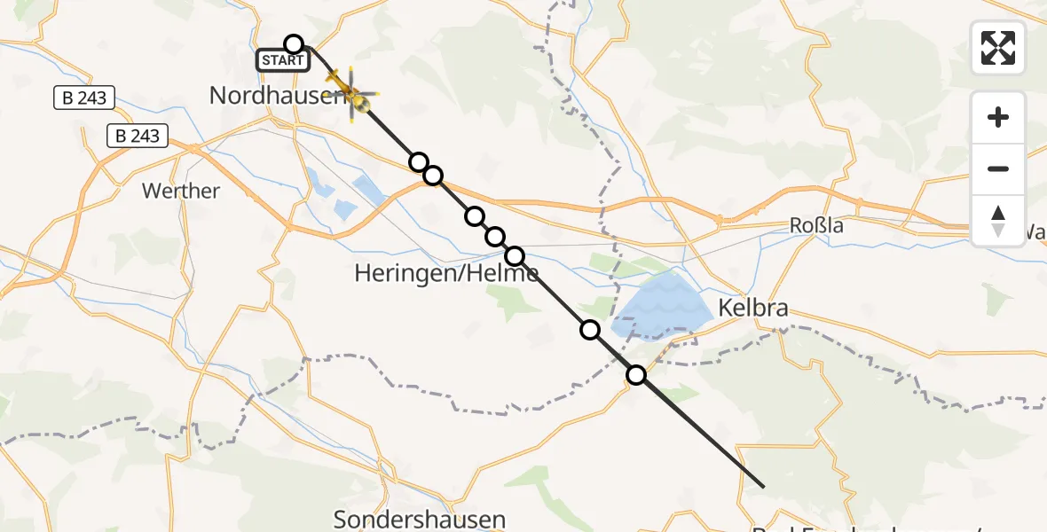 Flugroute Rettungshubschrauber Südharz Hospital Nordhausen - Nordhausen, 15 August 2026, 16:25
