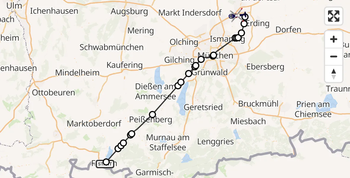 Flugroute Polizeihubschrauber Füssen - München Flughafen, 15 August 2026, 16:30