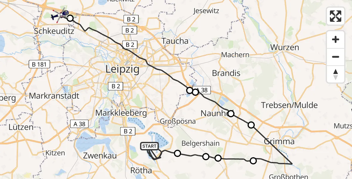 Flugroute Polizeihubschrauber Großpösna - Flughafen Leipzig/Halle, 15 August 2026, 16:31