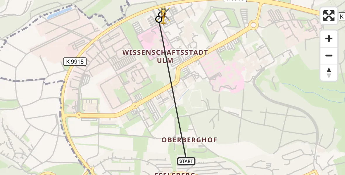 Flugroute Rettungshubschrauber Ulm - Ulm Military Hospital Emergency, 15 August 2026, 16:32
