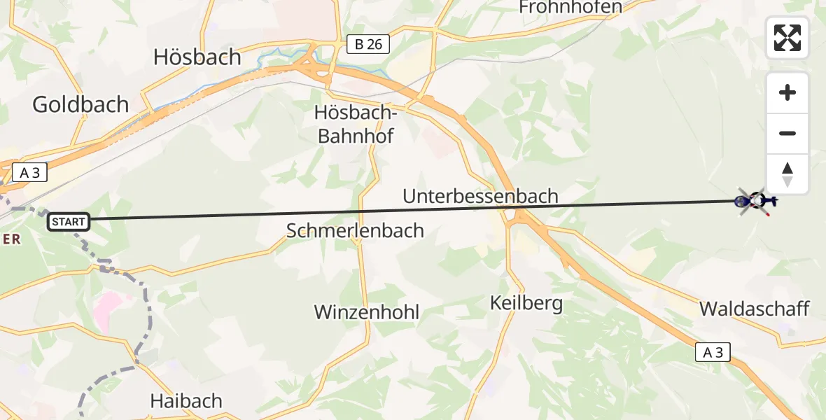 Flugroute Polizeihubschrauber Goldbach - Forst Hain i.Spessart, 15 August 2026, 16:39