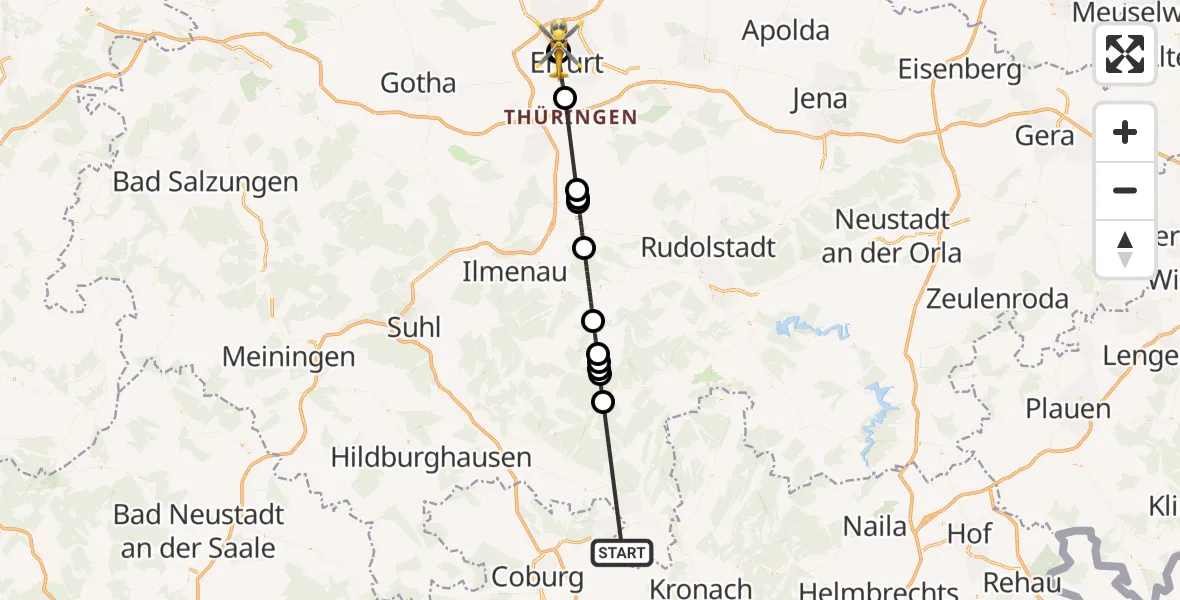 Flugroute Rettungshubschrauber Föritztal - Helios Clinic Erfurt, 15 August 2026, 16:43