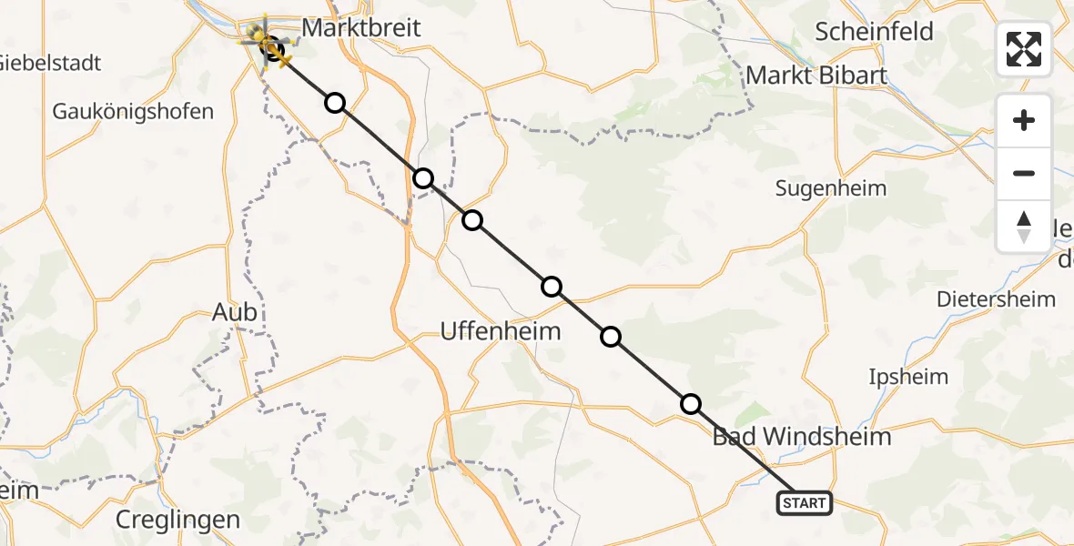 Flugroute Rettungshubschrauber Bad Windsheim - Ochsenfurt Hospital, 15 August 2026, 16:49