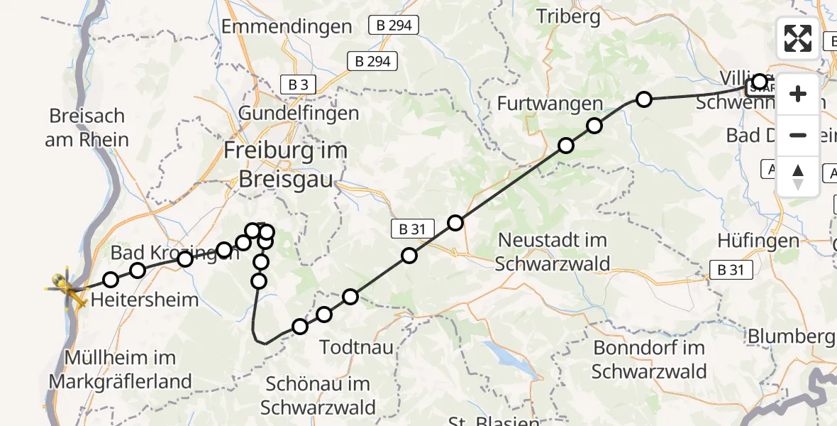 Flugroute Ambulanzhubschrauber DRF Air Rescue Station Villingen-Schwenningen Hubschrauberlandeplatz (Christoph 11) - Neuenburg am Rhein, 15 August 2026, 16:51