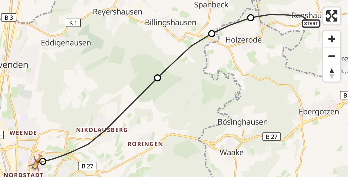 Flugroute Rettungshubschrauber Krebeck - Göttingen University Clinic Hubschrauberlandeplatz, 15 August 2026, 16:54