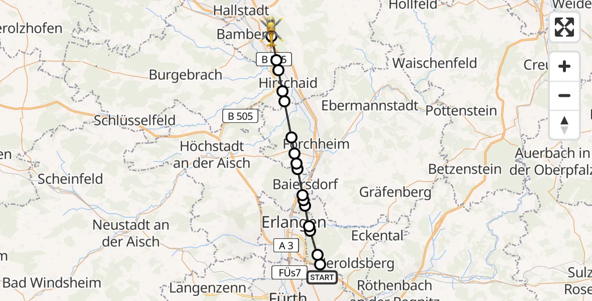 Flugroute Rettungshubschrauber Flughafen Nuremberg - Bamberg, 15 August 2026, 17:02