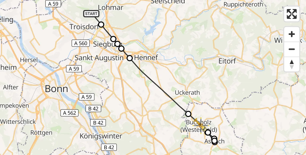 Flugroute Rettungshubschrauber Troisdorf - Buchholz (Westerwald), 15 August 2026, 17:02
