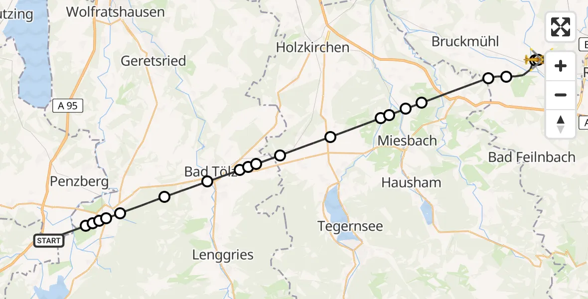 Flugroute Rettungshubschrauber Sindelsdorf - RoMed Hospital Bad Aibling, 15 August 2026, 17:02