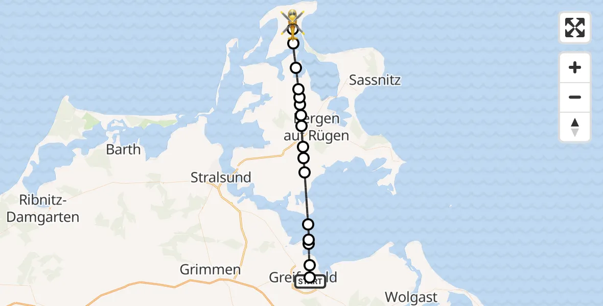 Flugroute Rettungshubschrauber Greifswald Hospital - Altenkirchen, 15 August 2026, 17:06