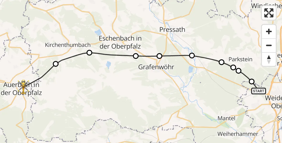 Flugroute Ambulanzhubschrauber Weiden i.d.OPf. - Auerbach i.d.OPf., 15 August 2026, 17:07