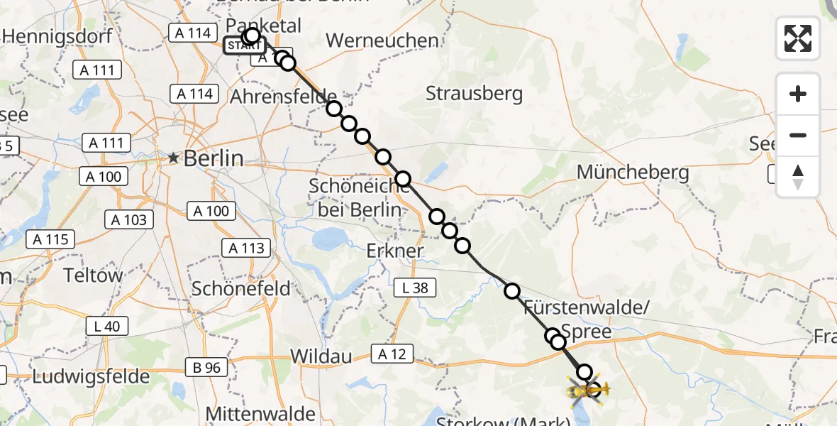 Flugroute Rettungshubschrauber Helios Clinic Berlin-Buch - Bad Saarow, 15 August 2026, 17:11