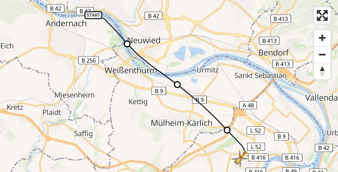 Flugroute Rettungshubschrauber Andernach - Koblenz, 15 August 2026, 17:15