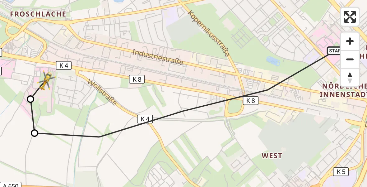 Flugroute Rettungshubschrauber Ludwigshafen am Rhein - Ludwigshafen Accident Hospital, 15 August 2026, 17:21