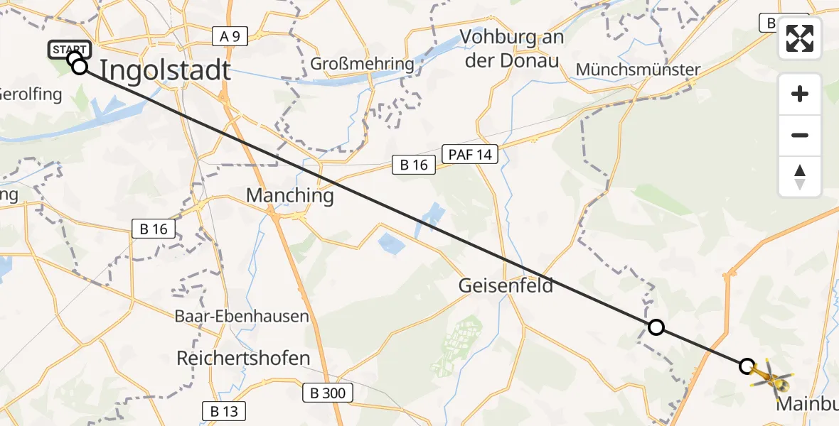 Flugroute Rettungshubschrauber Ingolstadt Hospital - Mainburg, 15 August 2026, 17:22