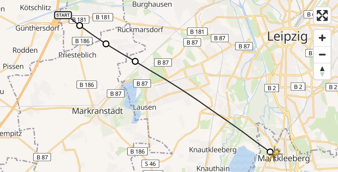 Flugroute Rettungshubschrauber ADAC Air Rescue Station Leipzig/Schkeuditz-Dölzig Hubschrauberlandeplatz (Christoph 61) - Markkleeberg, 15 August 2026, 17:22