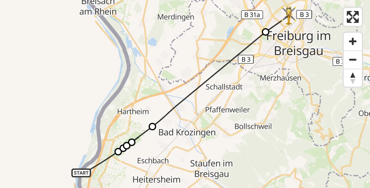 Flugroute Ambulanzhubschrauber Neuenburg am Rhein - Freiburg im Breisgau Flugplatz, 15 August 2026, 17:22