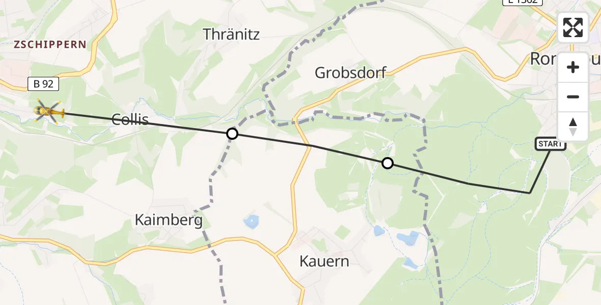 Flugroute Rettungshubschrauber Ronneburg - Gera, 15 August 2026, 17:24